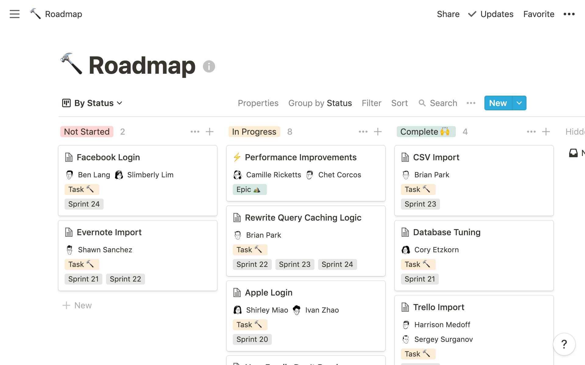 Screenshot of a Notion page entitled "Roadmap". The layout is similar to a Kanban board, with items grouped by status.