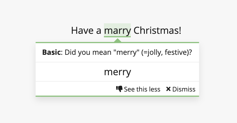 Sentence says "Have a marry Christmas", with a pop up message correcting the word to "merry"