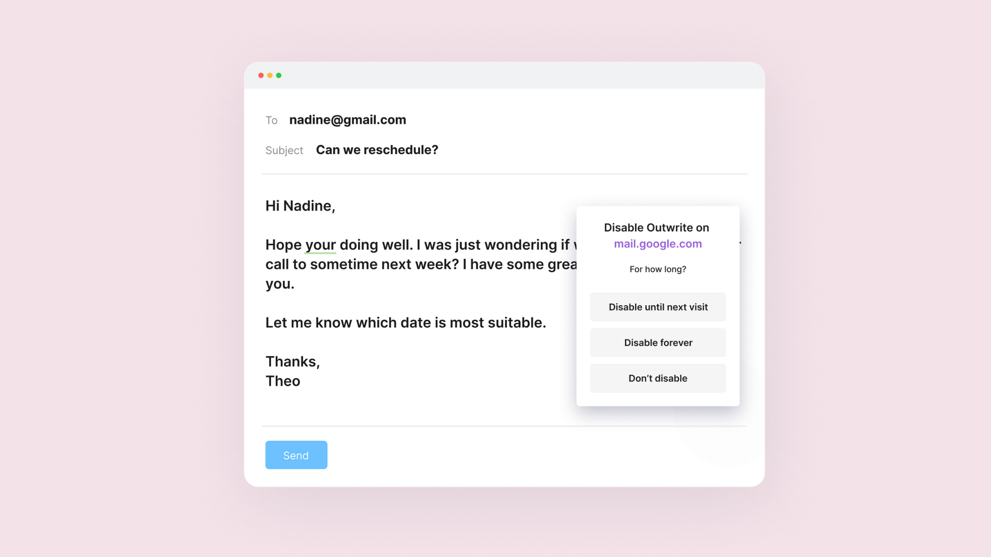 Image of an email. Pop up message asks if the user wishes to disable the extension.