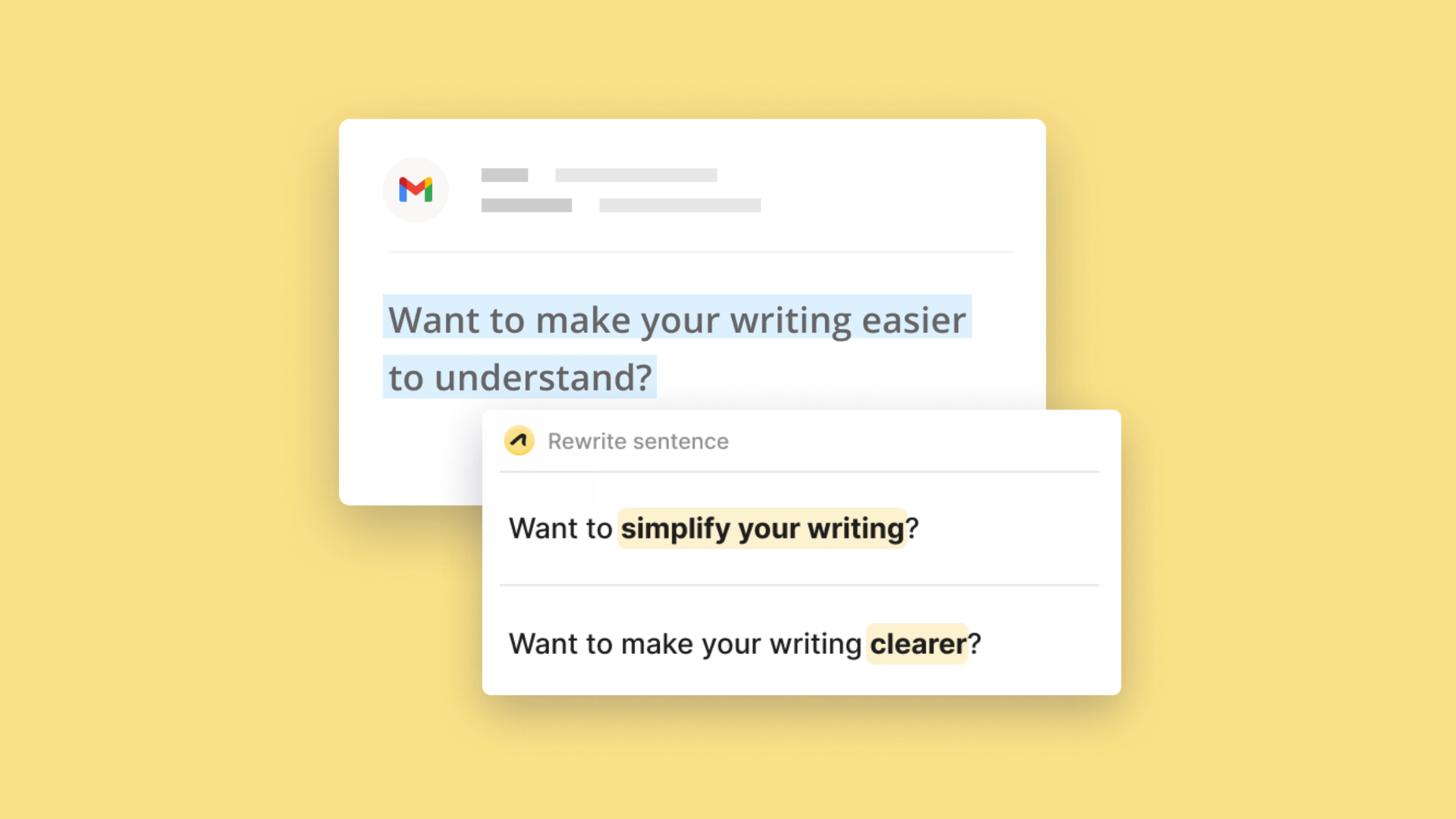 The sentence "Want to make your writing easier to understand" is highlighted. A pop up message suggests ways to simplify the sentence.