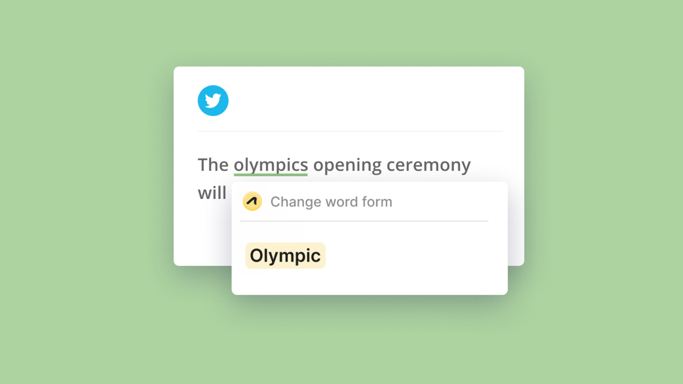 A tweet says "The olympics opening ceremony". Outwrite suggests using "Olympic" instead.