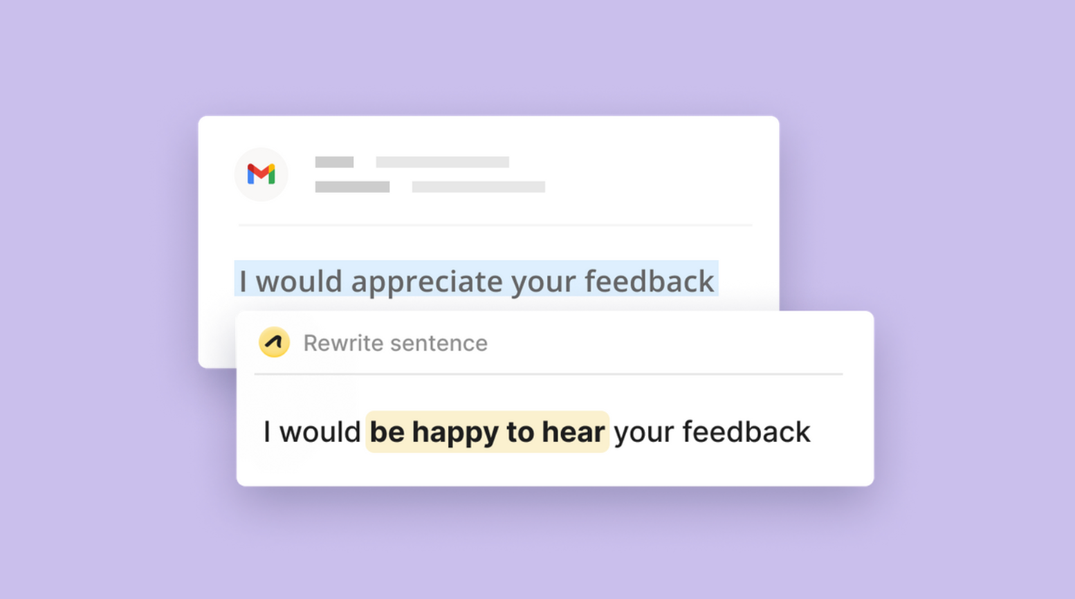 Image of an email. The sentence "I would appreciate your feedback" is highlighted. Outwrite suggests the alternative "I would be happy to hear your feedback".