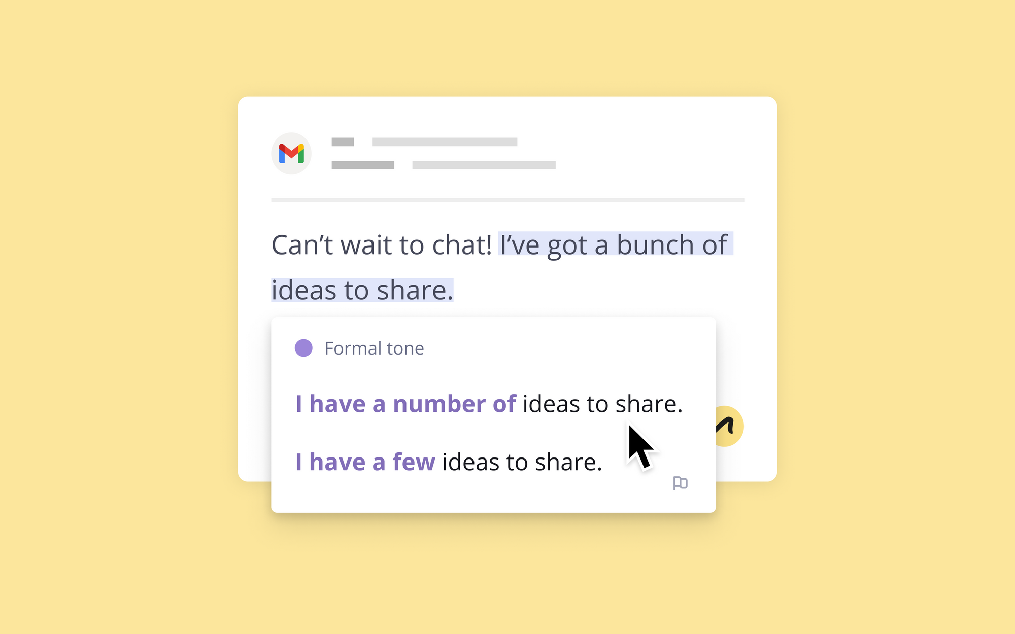 Image of an email that says "Can't wait to chat! I've got a bunch of ideas to share." Outwrite suggests rewriting it as "I have a number of ideas to share"