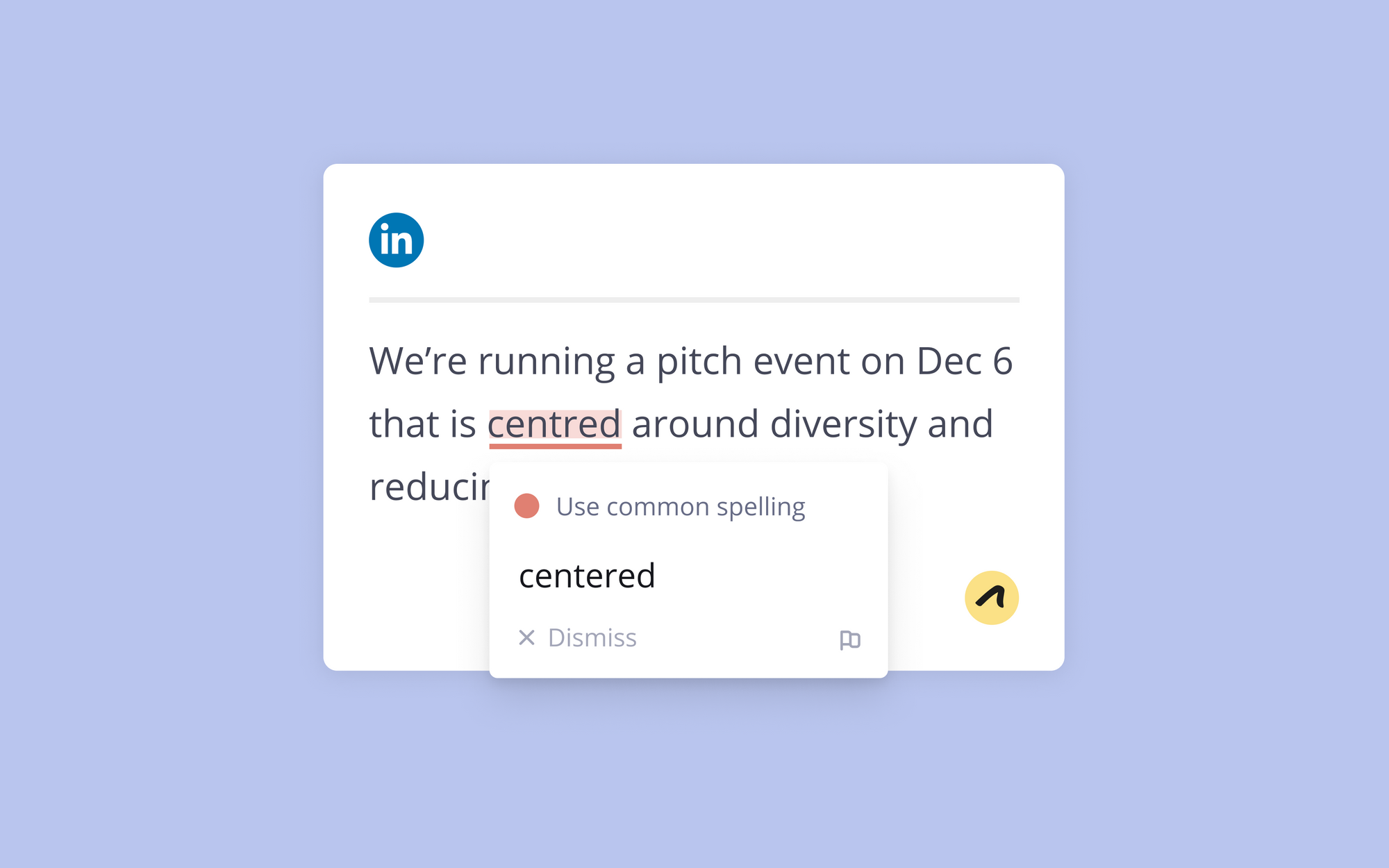 An Outwrite pop up suggests using the common spelling of "centered" instead of "centred"