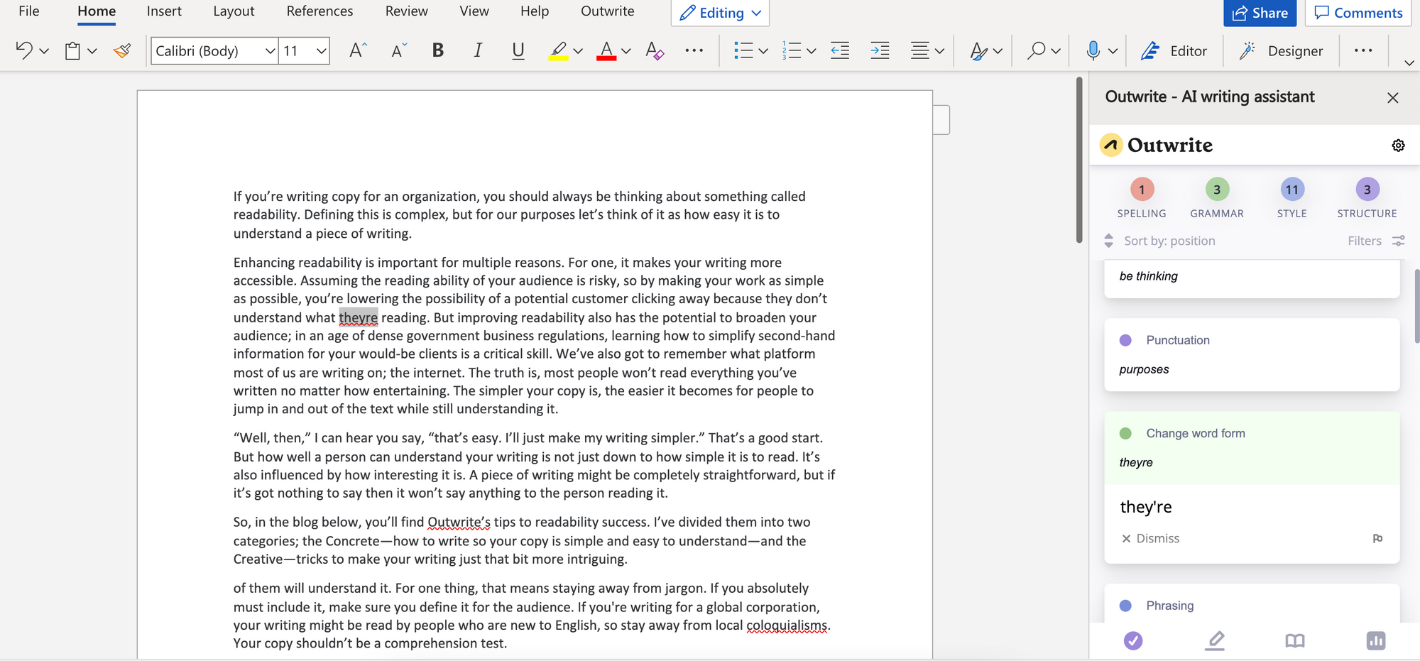 Updated Rewrite Suggestions in Microsoft Word – sentence-level